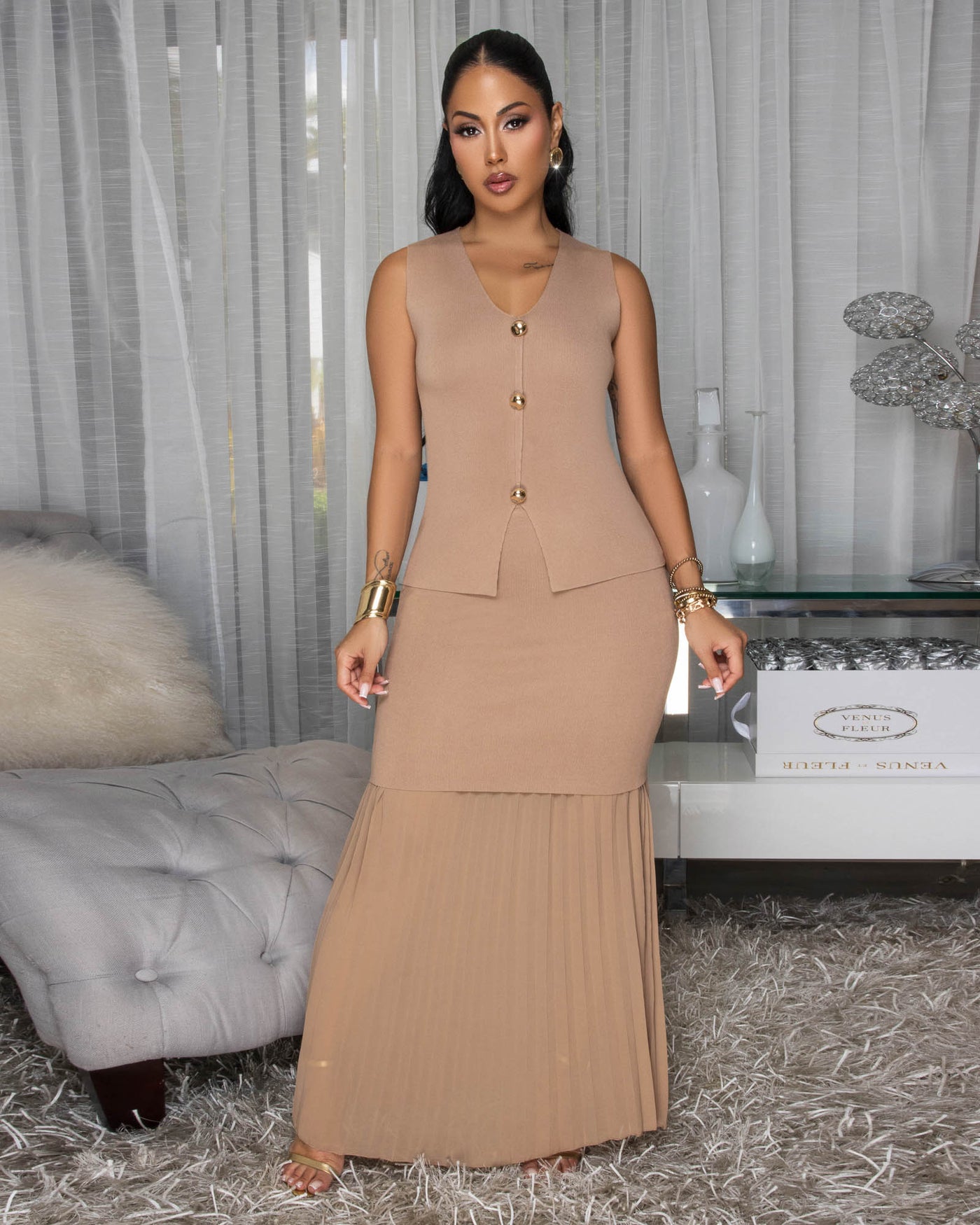 Nerine Mocha Top & Pleated Maxi Skirt Set