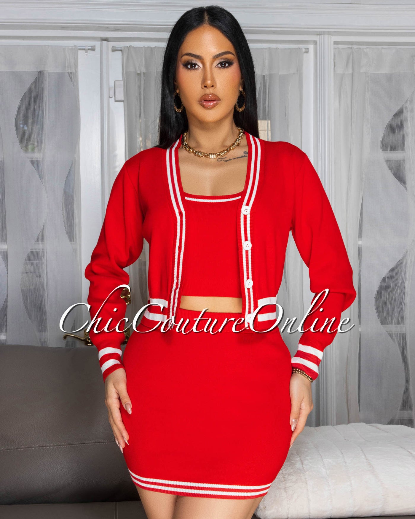 Femme Red White Trim 3 Piece Skirt Set