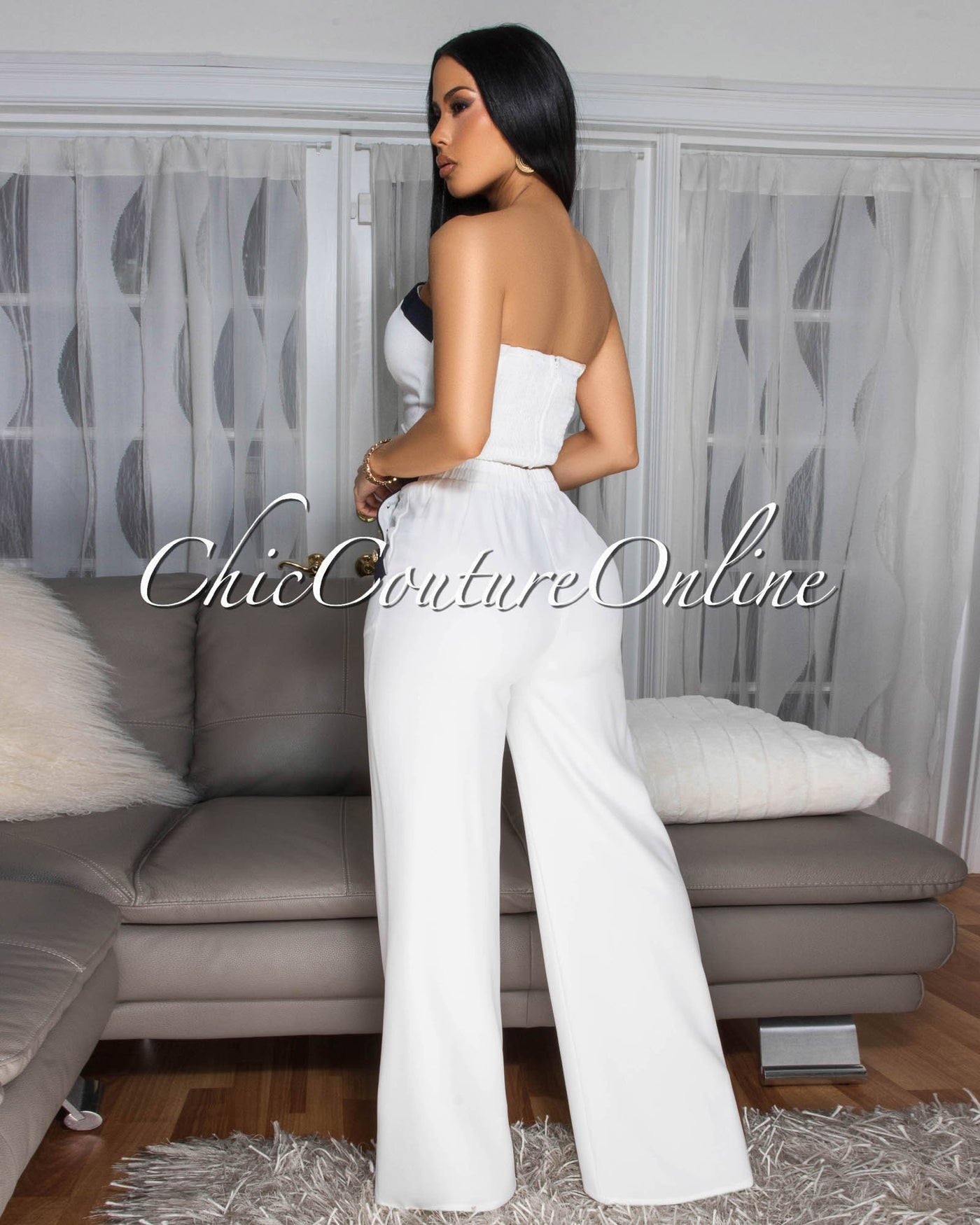 Marcella Off-White Black Crop Top Pants Set