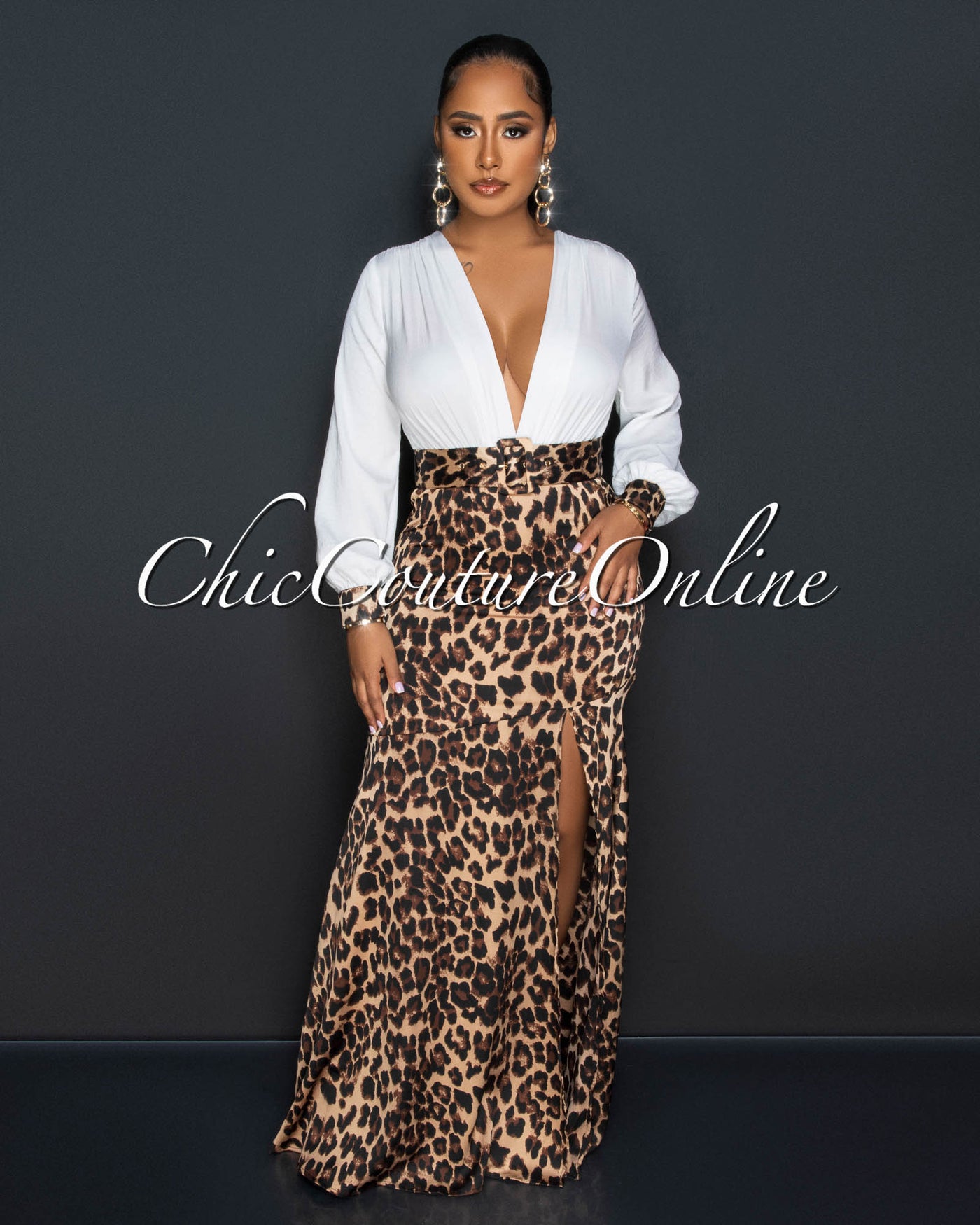 Zabrina White Leopard Print Two-Tone Maxi Dress