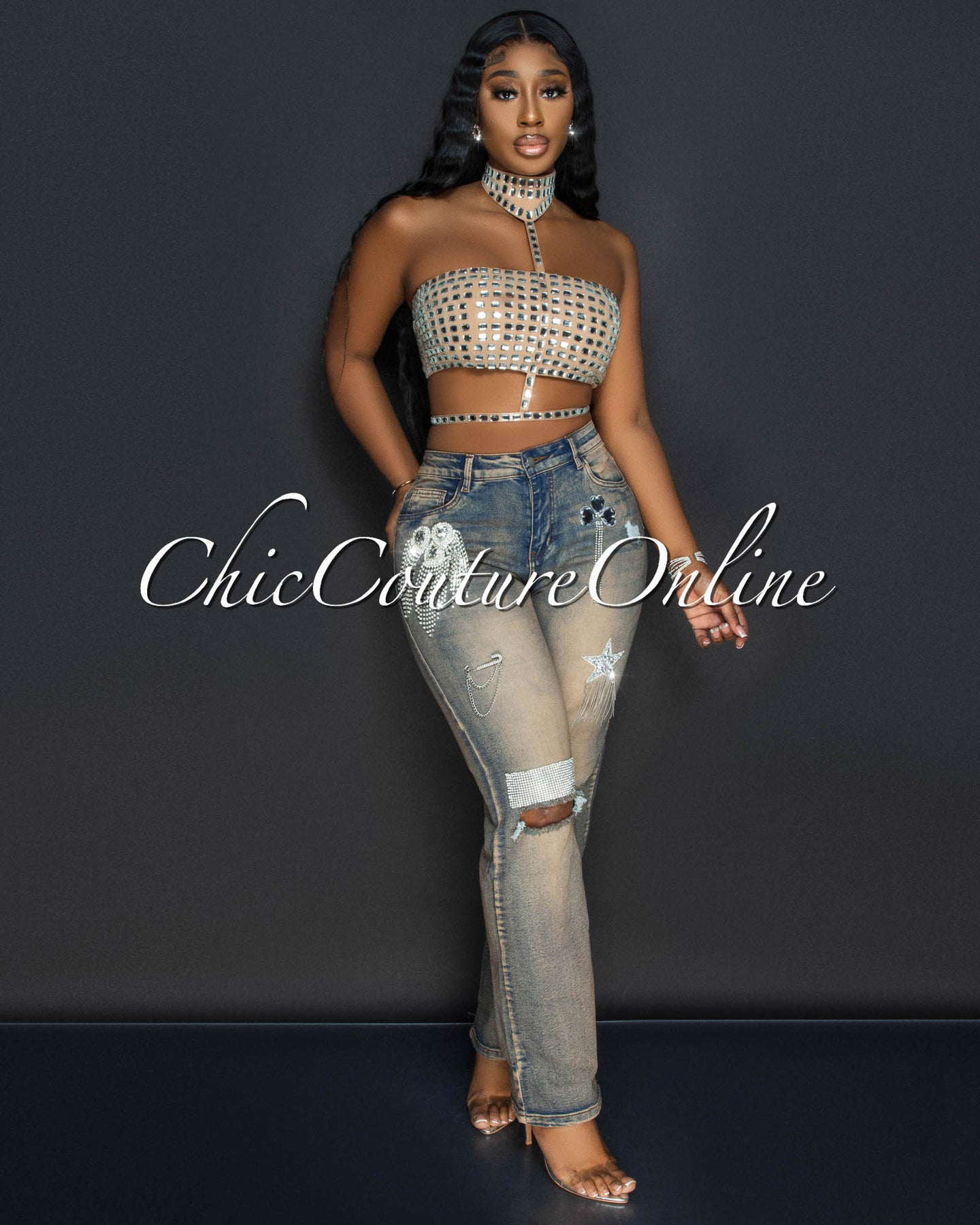 Laya Beige Denim Rhinestones Fringe Accent Jeans