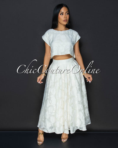 Desideria Cream Textured Crop Top & Maxi Skirt Set