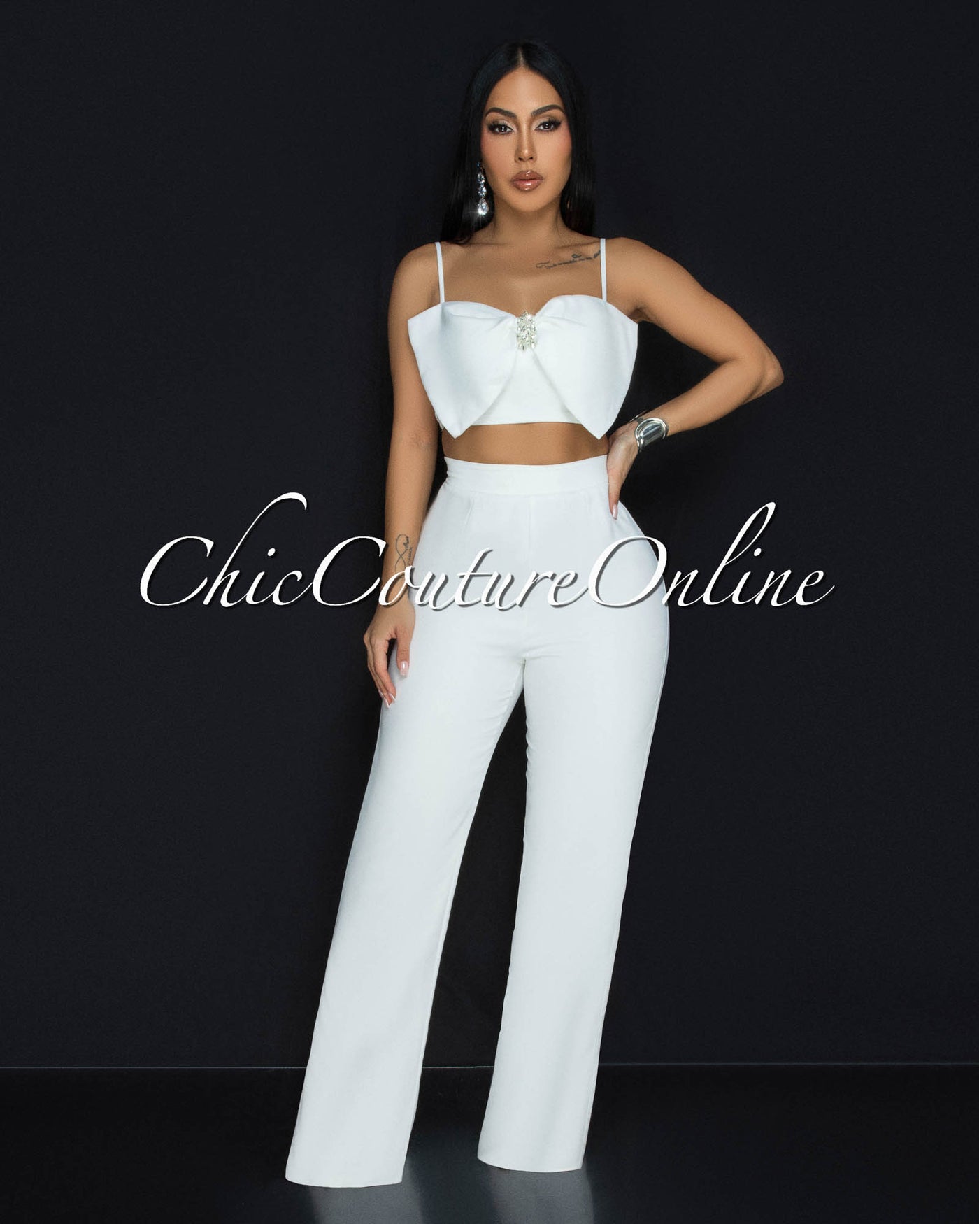 Jeannie Ivory Crop Top Pants Set