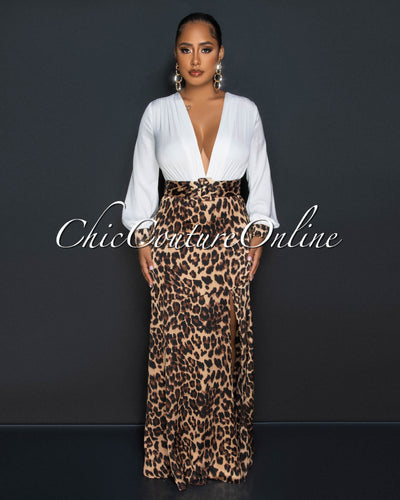 Zabrina White Leopard Print Two-Tone Maxi Dress