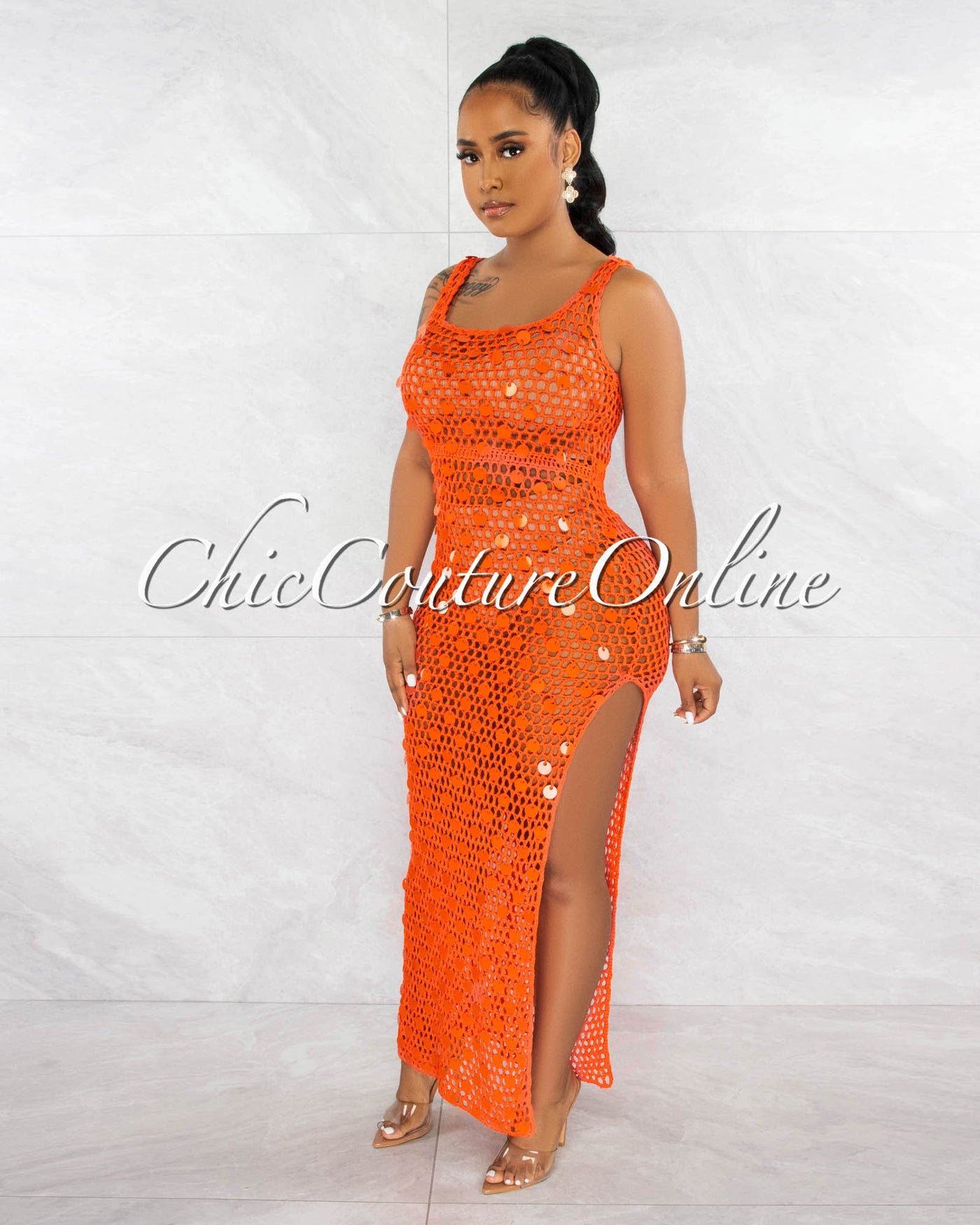 *Shada Orange Sequins Crochet Cover-Up Maxi Dress