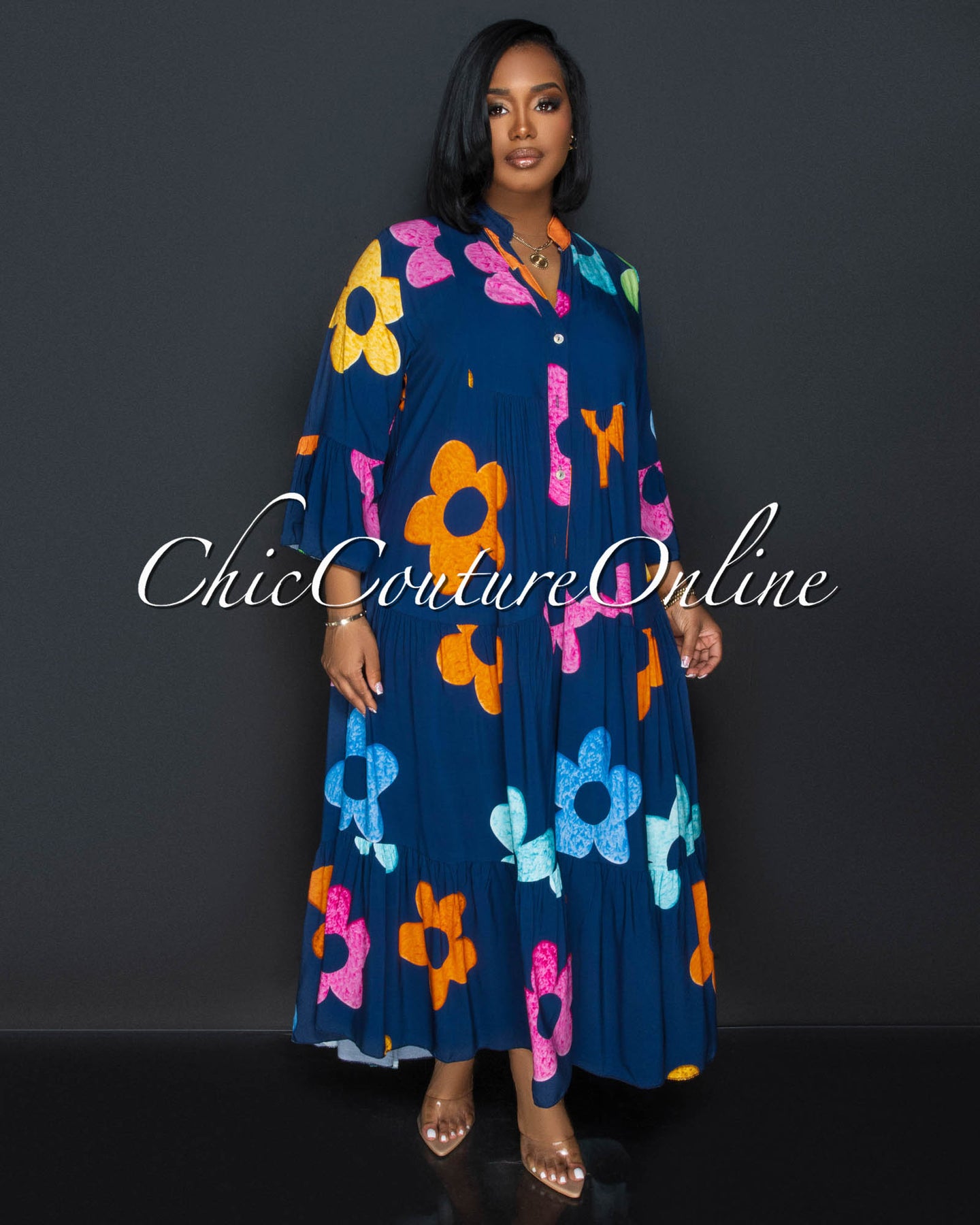Gason Navy Blue Multi-Color Floral Print Ruffle Hem Maxi Dress
