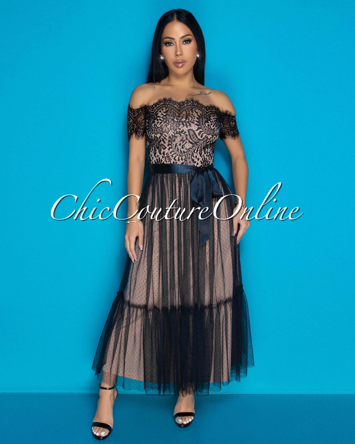 Cosetta Lace Nude Illusion Ribbon Midi Dress