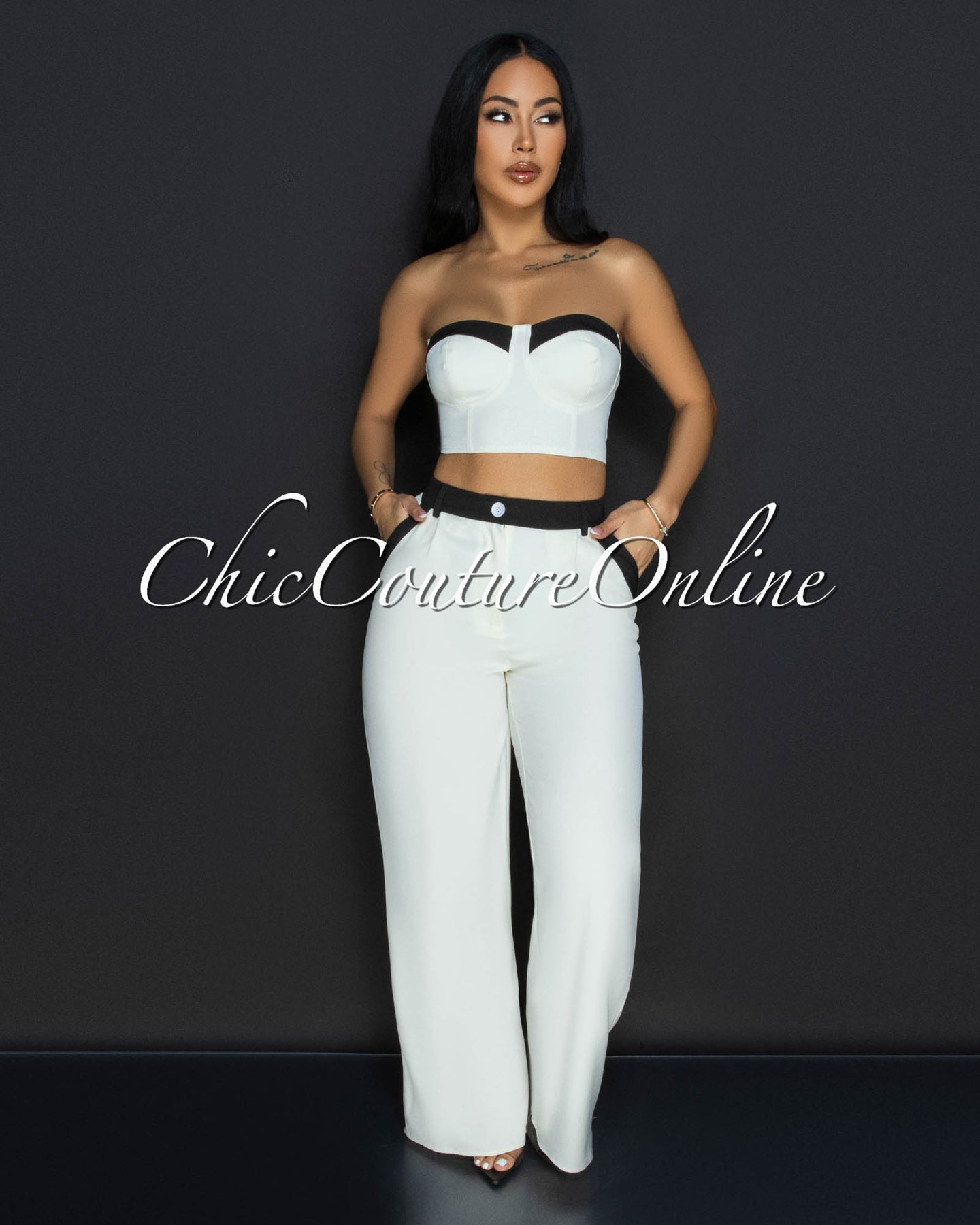 Franca Cream Black Bustier & Wide Legs Pants Set