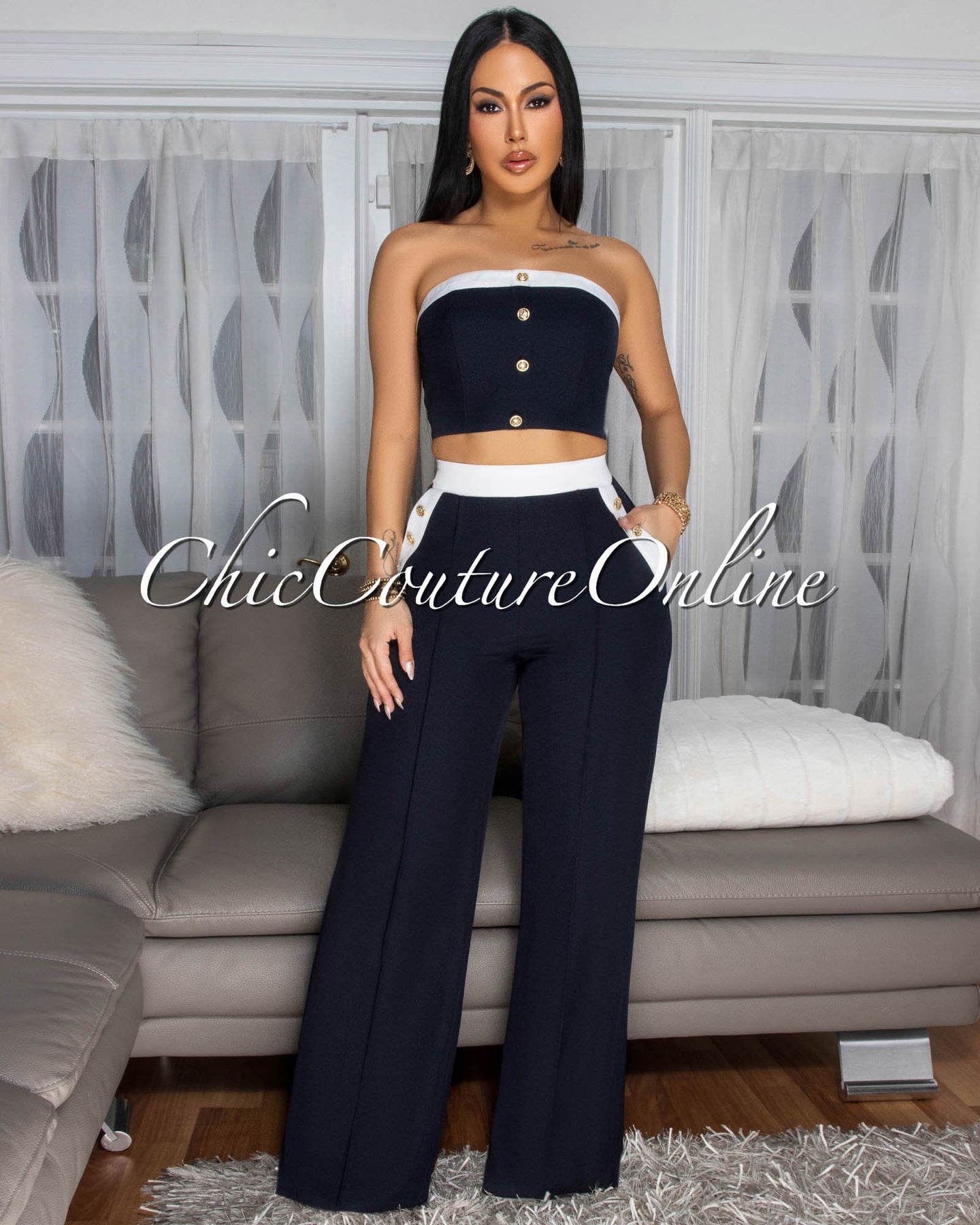 Marcella Navy-Blue White Trim Crop Top Pants Set