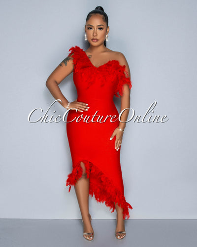 Maverick Red Feather Accent Bandage Midi Dress