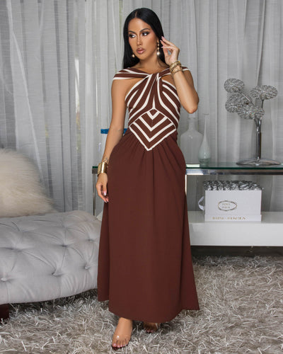 Jesvia Brown Cream Stripes Colorblock Maxi Dress