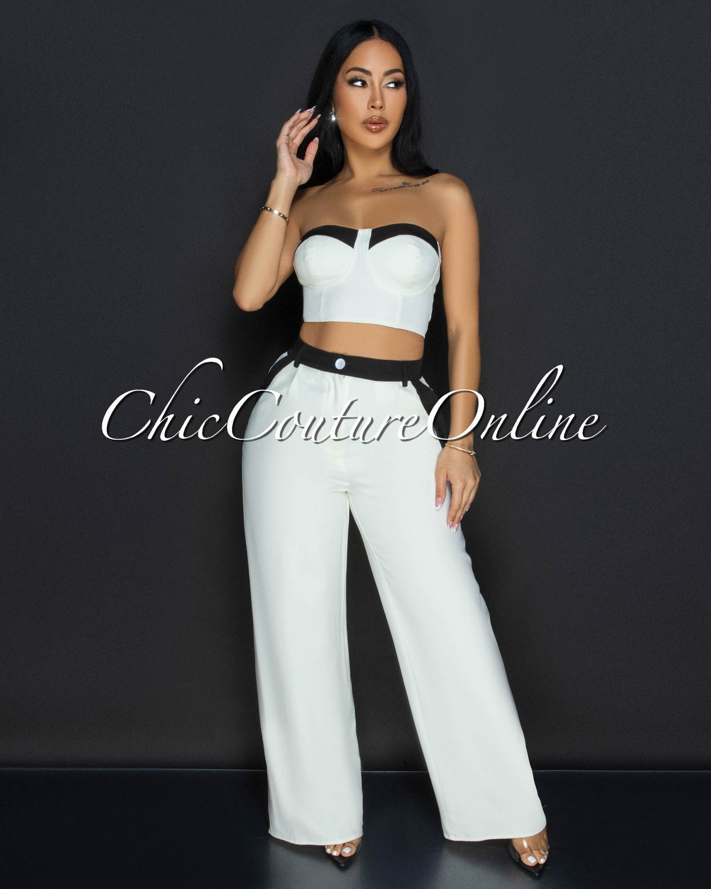 Franca Cream Black Bustier & Wide Legs Pants Set