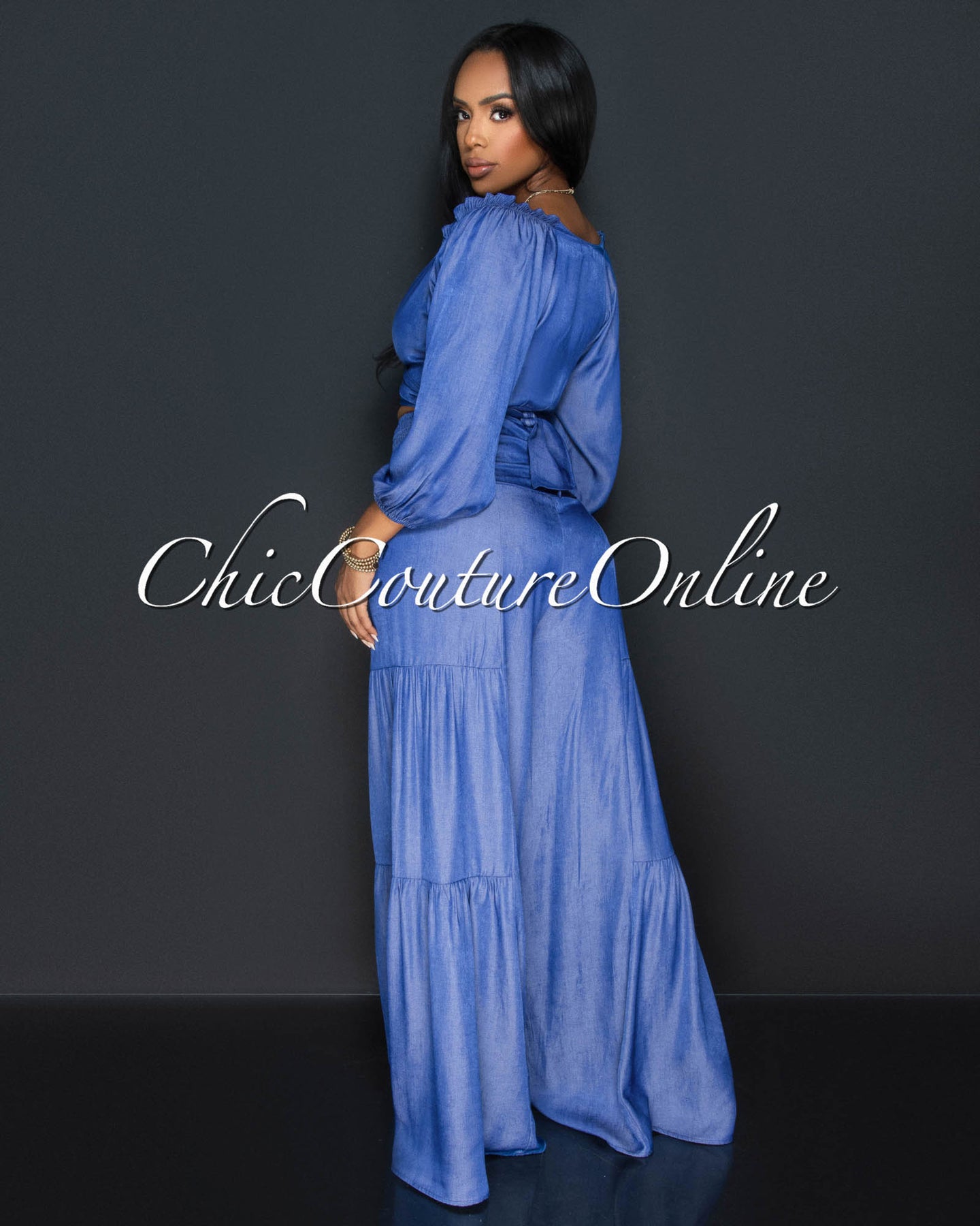 *Sukima Blue Front Tie Top & Wide Pants Chambray Set