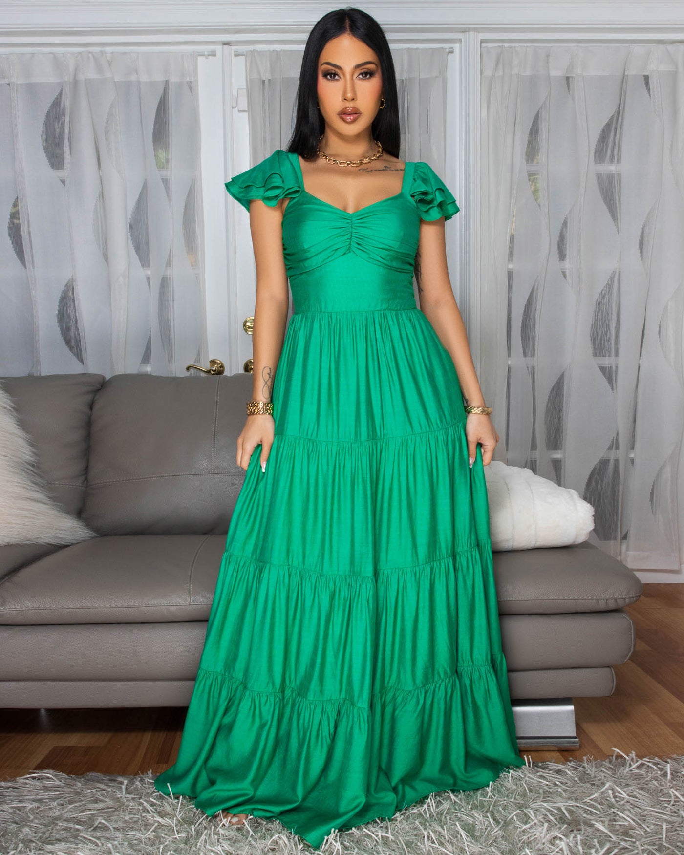 Blain Kelly-Green Ruffle Sleeves Maxi Dress