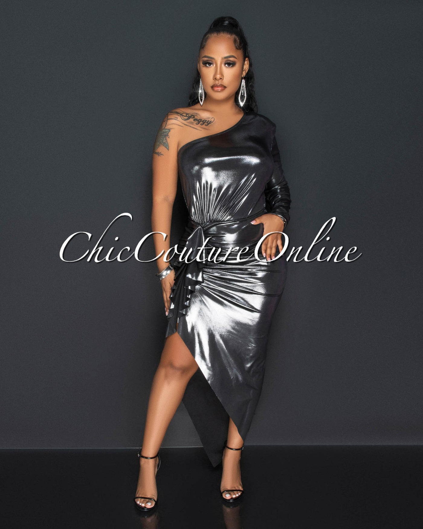 Lacey Black Silver Single Shoulder Draped Midi Dress