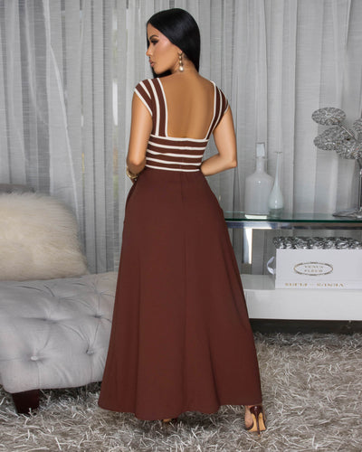 Jesvia Brown Cream Stripes Colorblock Maxi Dress