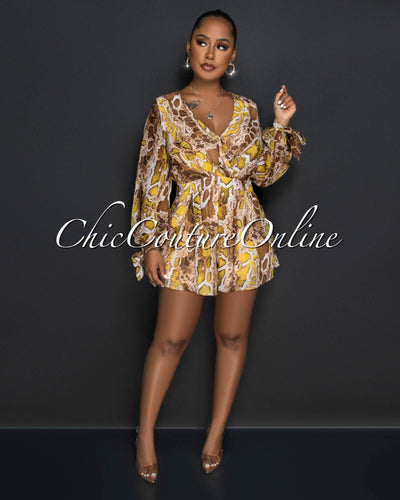 *Rachel Nude Brown Yellow Snake Open Back Print Romper