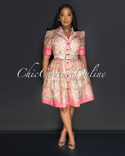 Lolina Coral Nude Floral Print Belted Dress