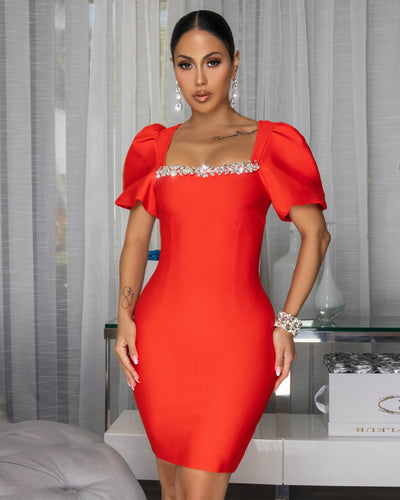 Alaia Tomato Red Puffy Sleeves Rhinestones Decor Bandage Dress