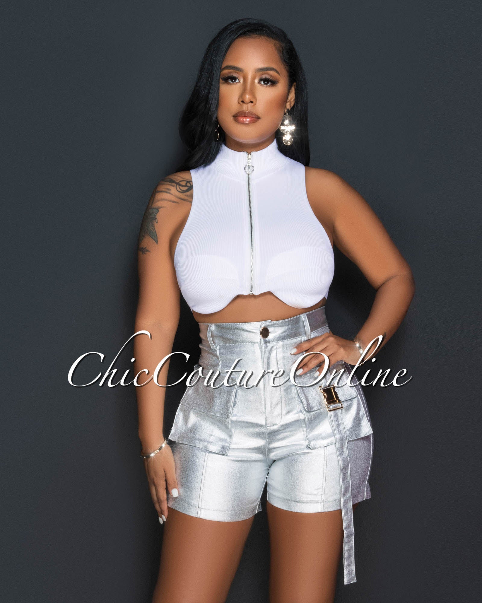 Lumanie White Front Zipper Ribbed Crop Top