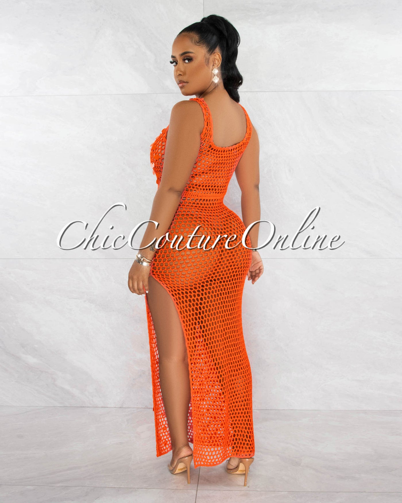*Shada Orange Sequins Crochet Cover-Up Maxi Dress