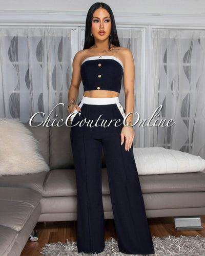 Marcella Navy-Blue White Trim Crop Top Pants Set