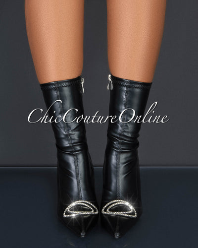 Bouncy Black Faux Leather Rhinestones Accent Booties