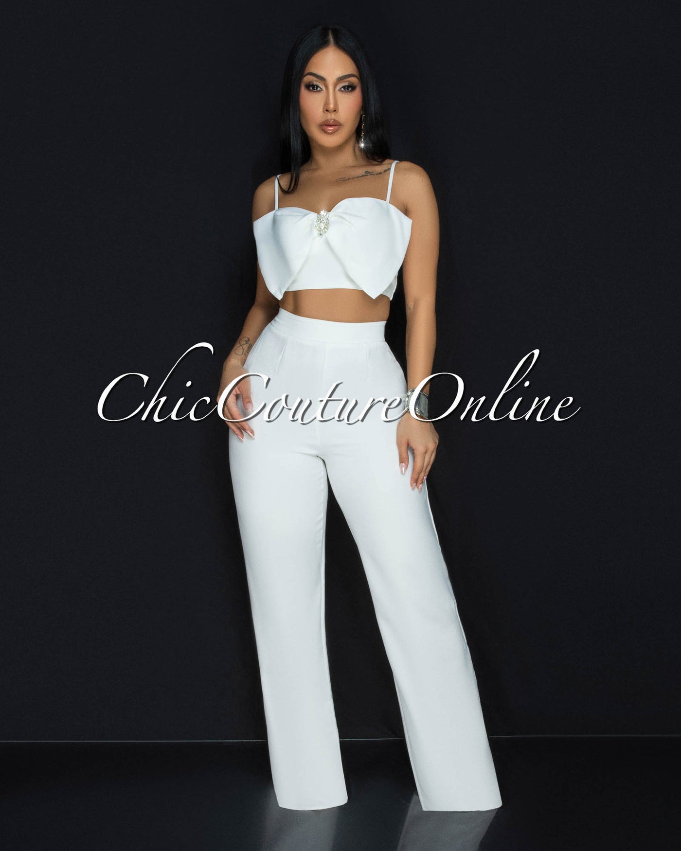 Jeannie Ivory Crop Top Pants Set