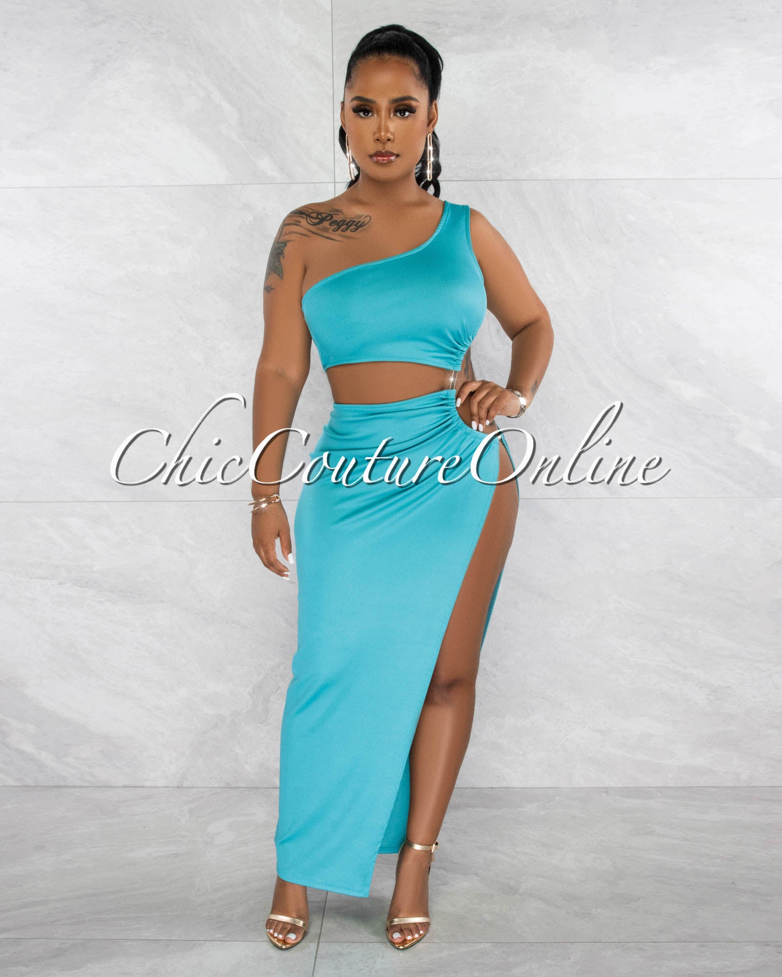 *Greicy Aquamarine Cut-Out Side Slit Gold Accent Maxi Dress
