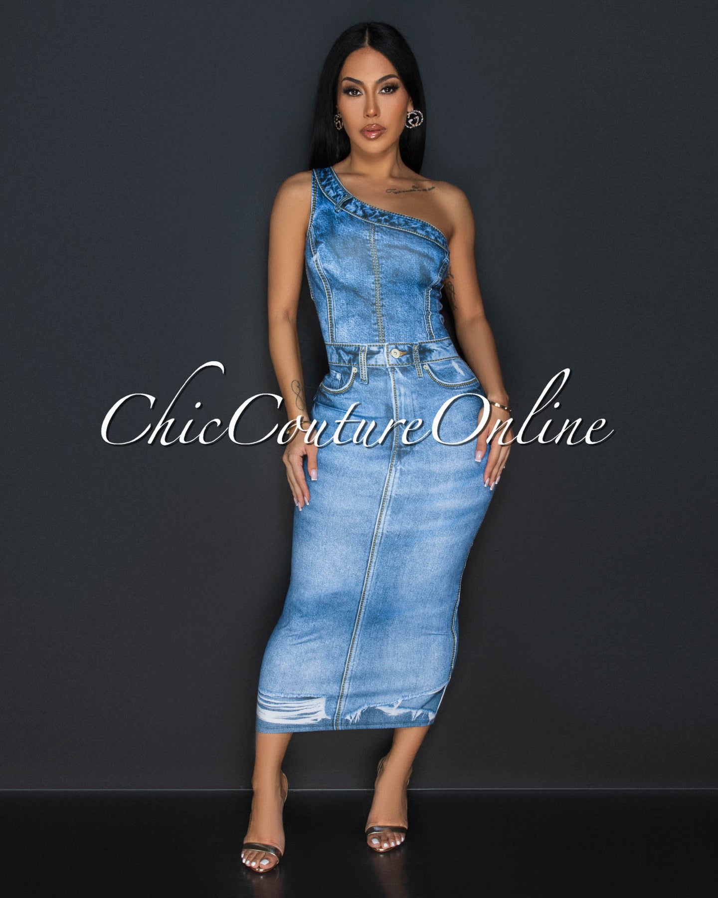 Jinelle Blue Denim Print Single Shoulder Midi Dress