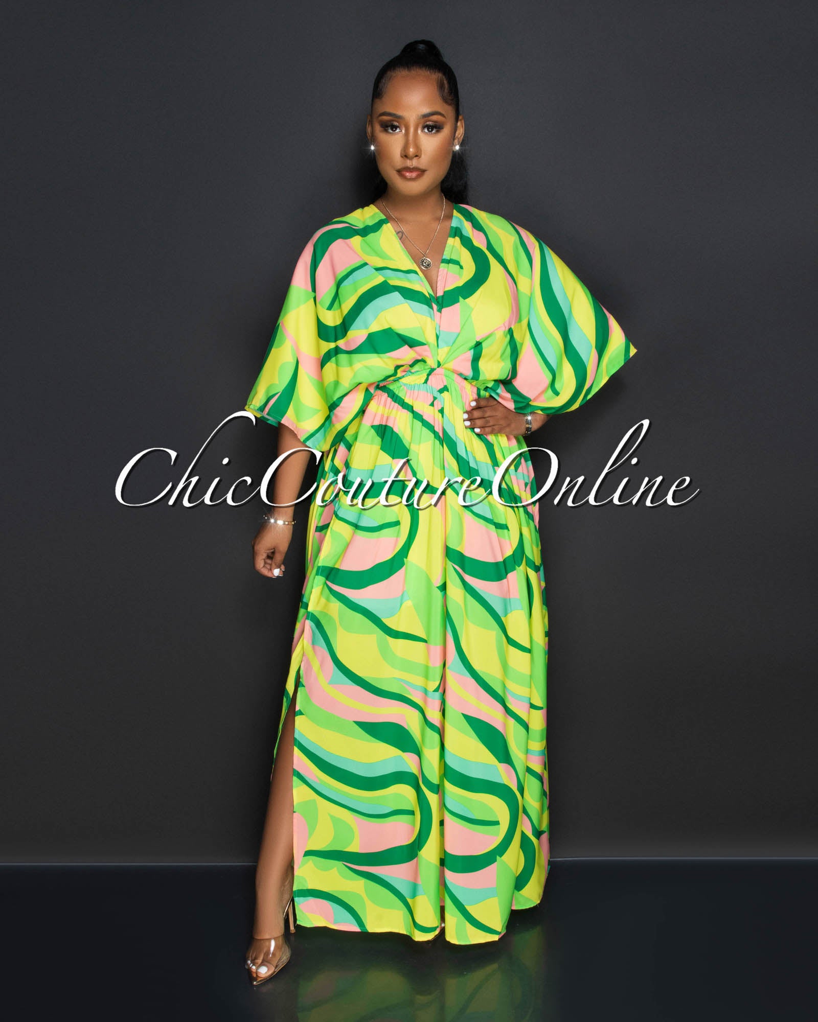 *Coira Green Multi-Color Retro Print Double Slit Maxi Dress