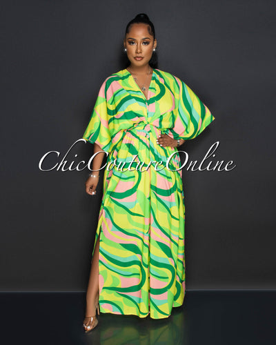 Coira Green Multi-Color Retro Print Double Slit Maxi Dress
