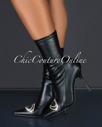Bouncy Black Faux Leather Rhinestones Accent Booties