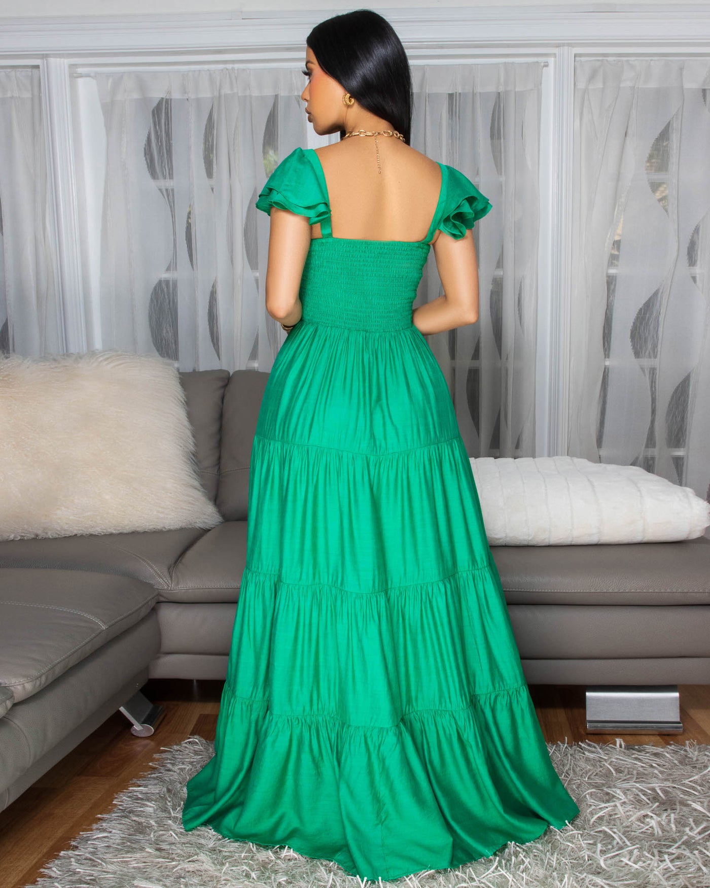 Blain Kelly-Green Ruffle Sleeves Maxi Dress