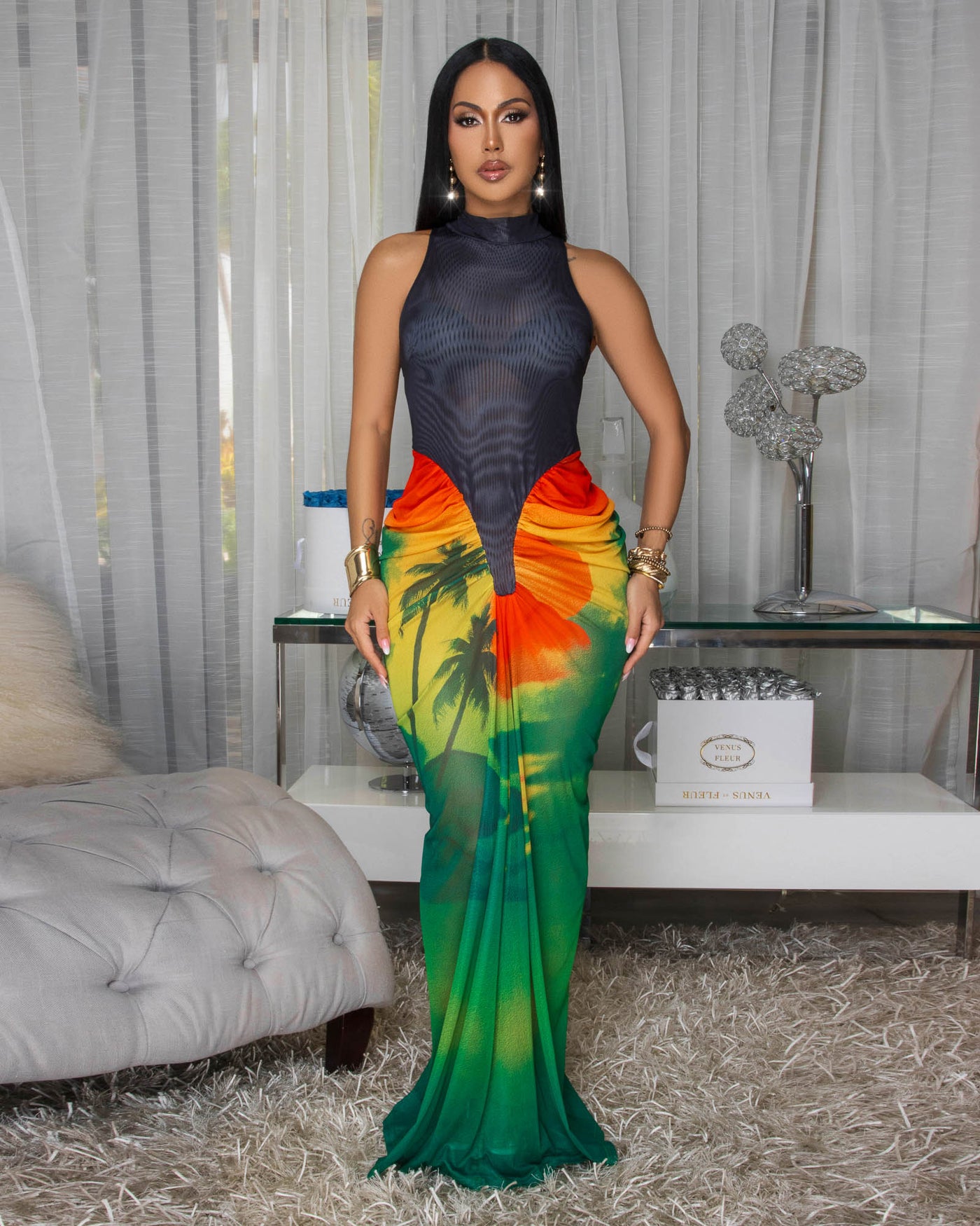 Farrane Black Green Multi-Color Mesh Maxi Dress