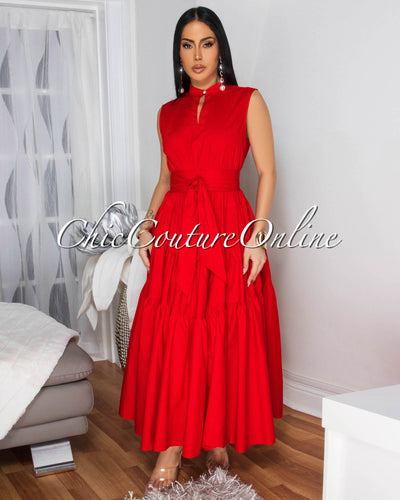 Rosanny Red Sleeveless Midi Dress