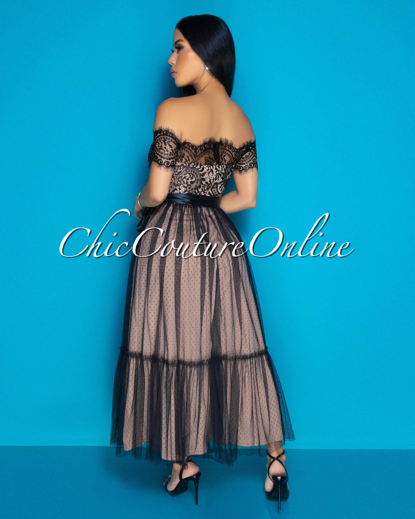 Cosetta Lace Nude Illusion Ribbon Midi Dress