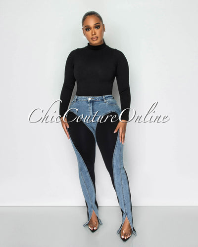Kany Washed Denim Black Accent High Waist Jeans