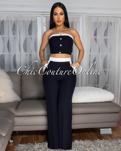 Marcella Navy-Blue White Trim Crop Top Pants Set