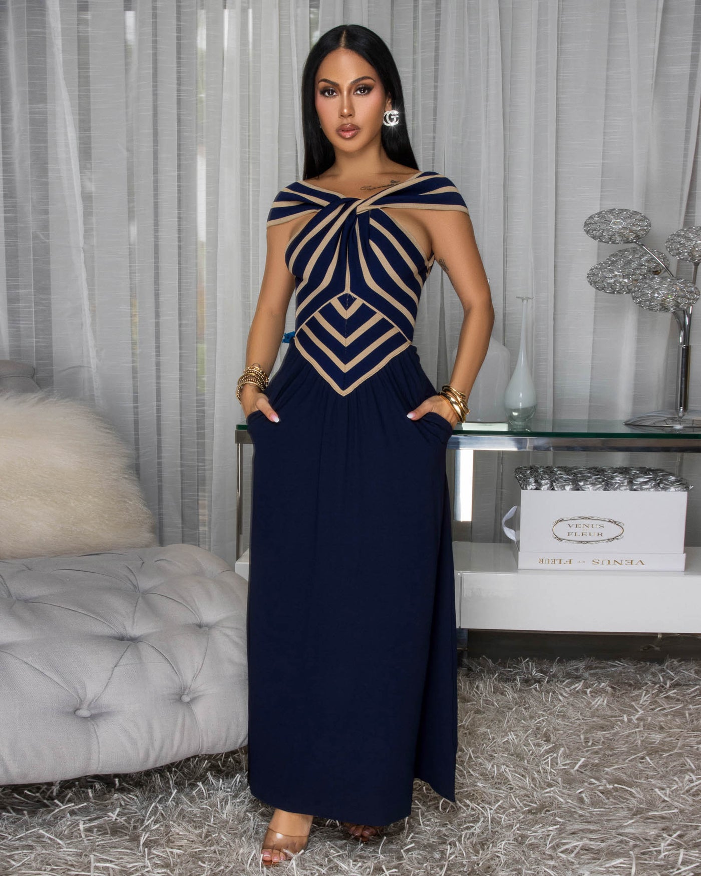 Jesvia Navy-Blue Nude Stripes Color-Block Maxi Dress