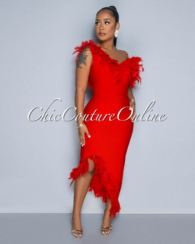 Maverick Red Feather Accent Bandage Midi Dress