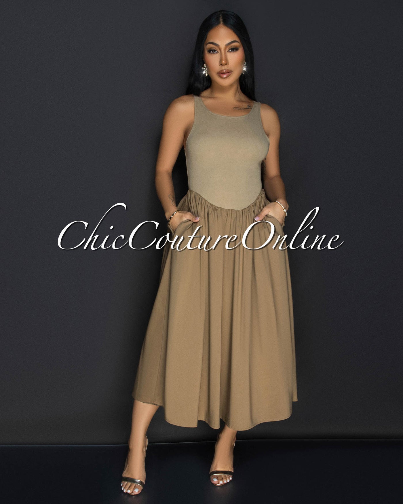 Silvy Khaki Sleeveless Midi Dress