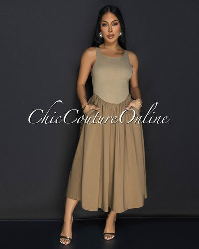 Silvy Khaki Sleeveless Midi Dress