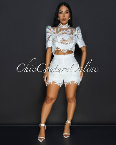 Atlas White Pearl Lace Top & Shorts Set