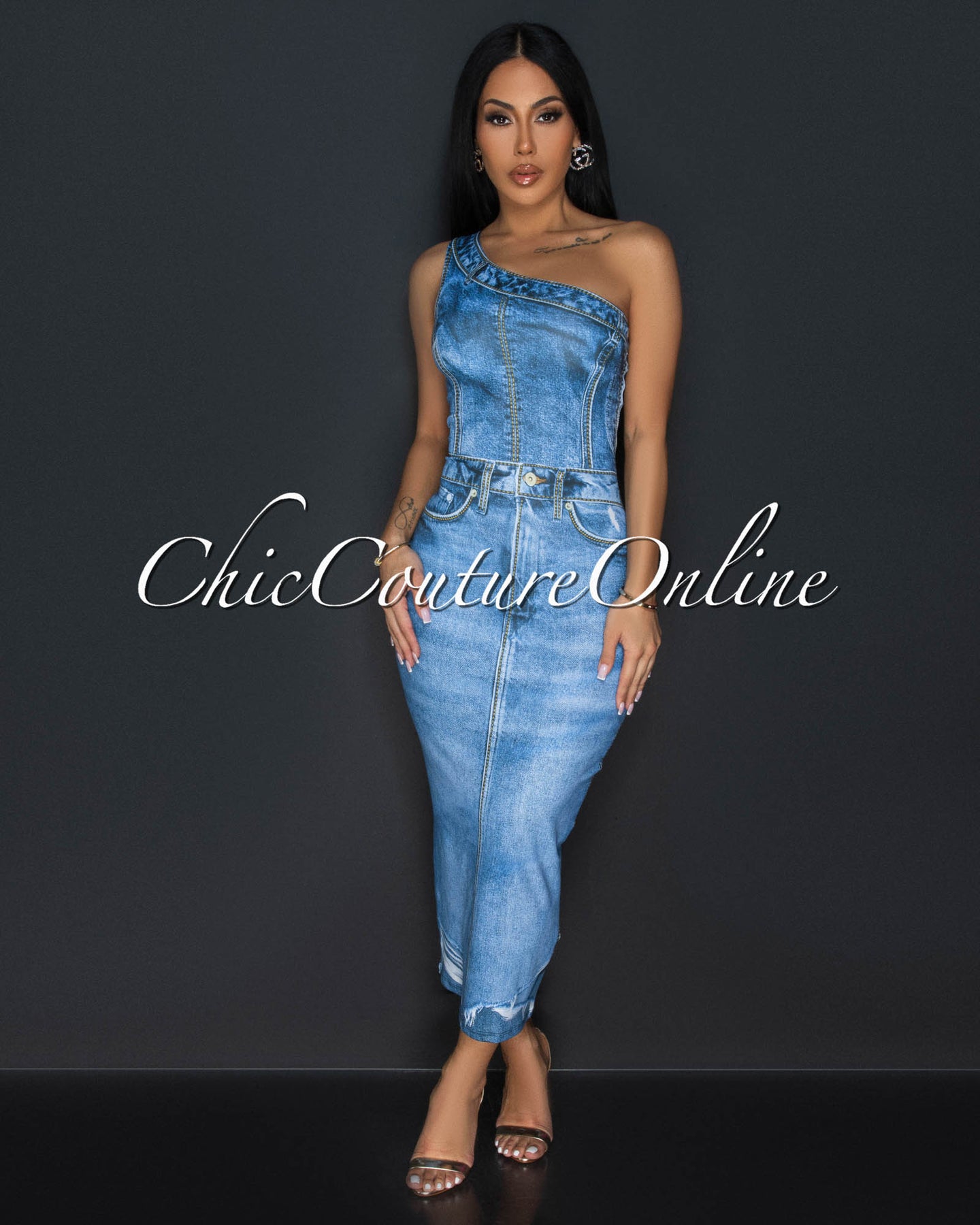 *Jinelle Blue Denim Print Single Shoulder Midi Dress