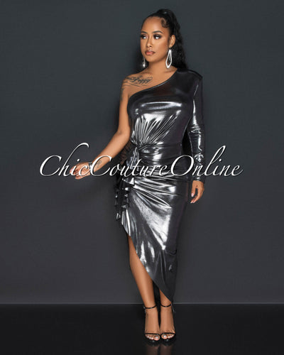 Lacey Black Silver Single Shoulder Draped Midi Dress