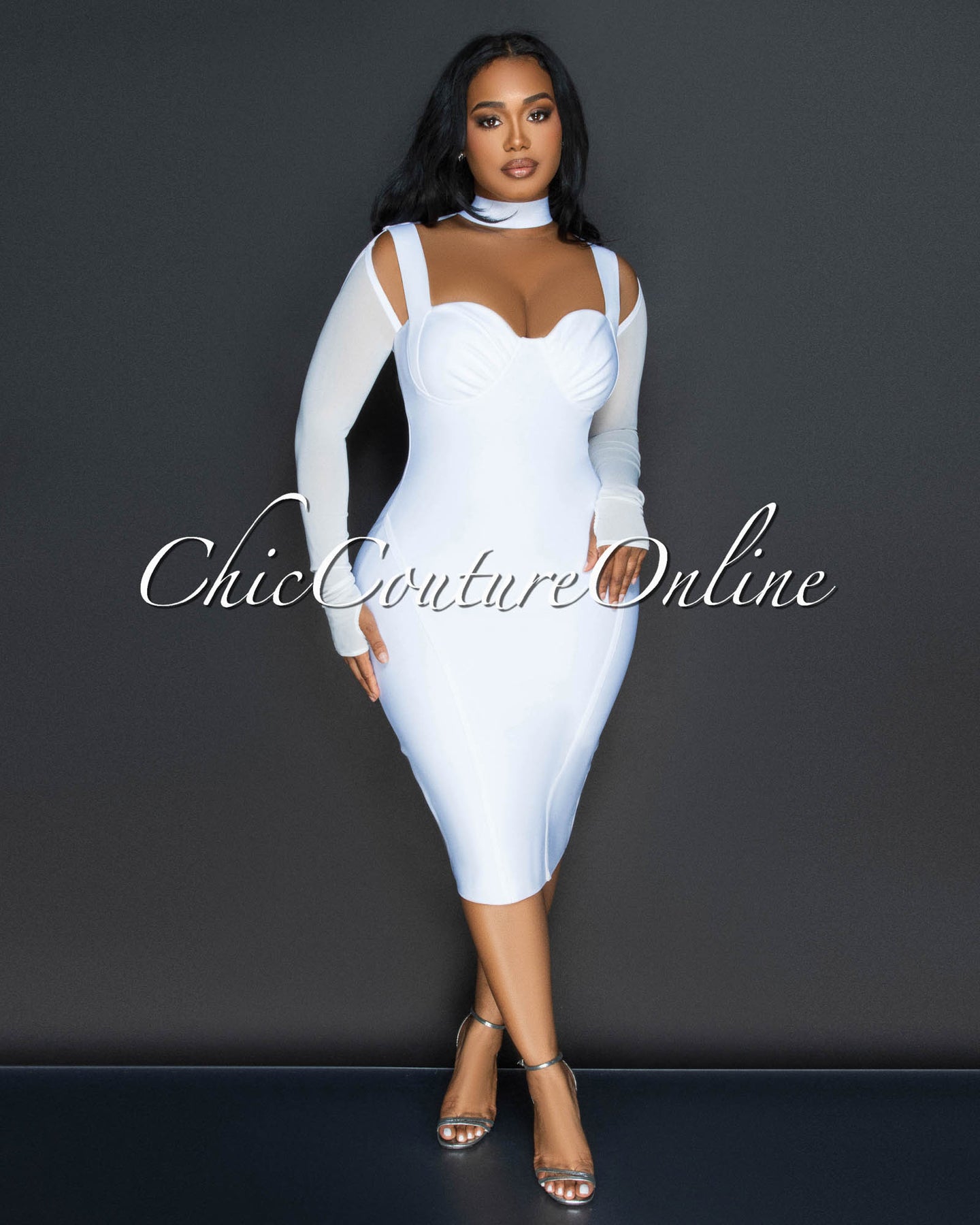 Solia Off-White Cut Out Bandage Midi Dress