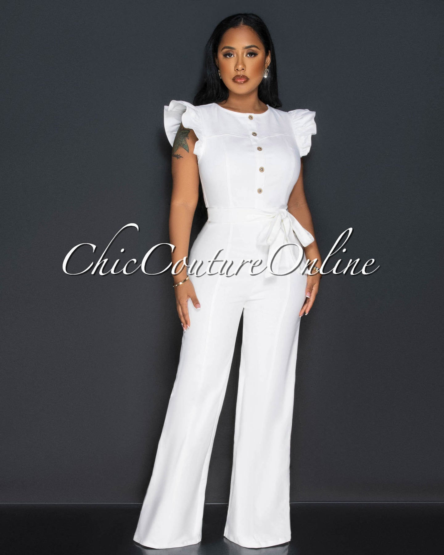 *Ritza Off-White Ruffle Sleeves Denim Jumpsuit