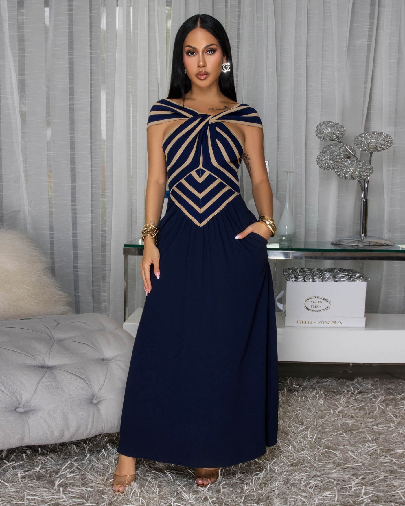 Jesvia Navy-Blue Nude Stripes Color-Block Maxi Dress