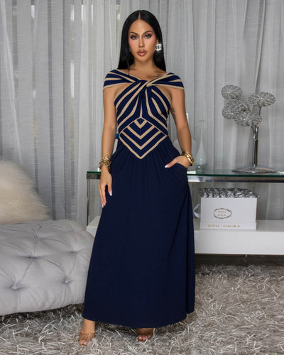 Jesvia Navy-Blue Nude Stripes Color-Block Maxi Dress